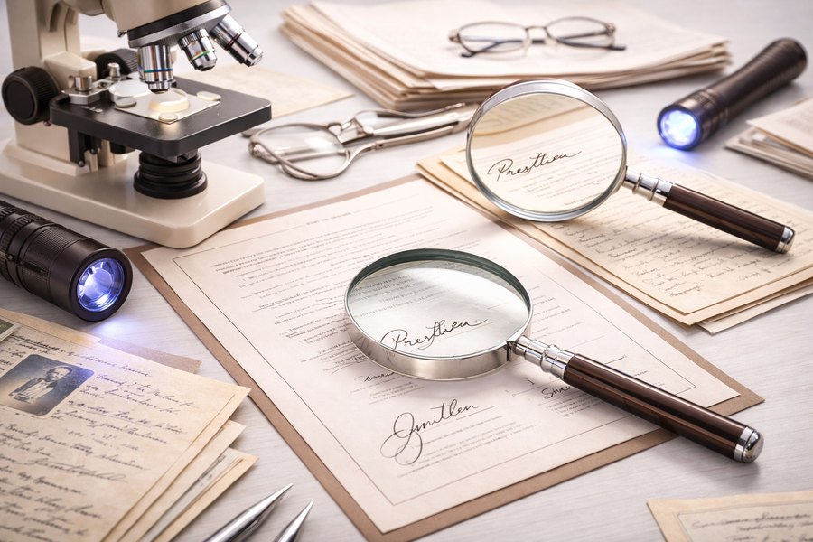 Exame documentoscópico com microscópio e lupas sobre documentos
