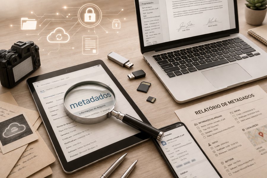 Análise digital de metadados e relatório em laptop e tablet