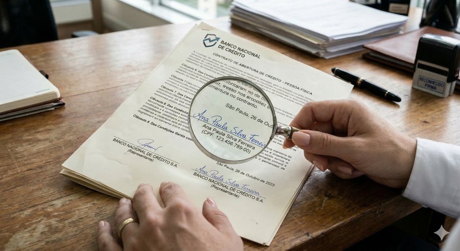 Exame grafoscópico de assinatura em documento com lupa